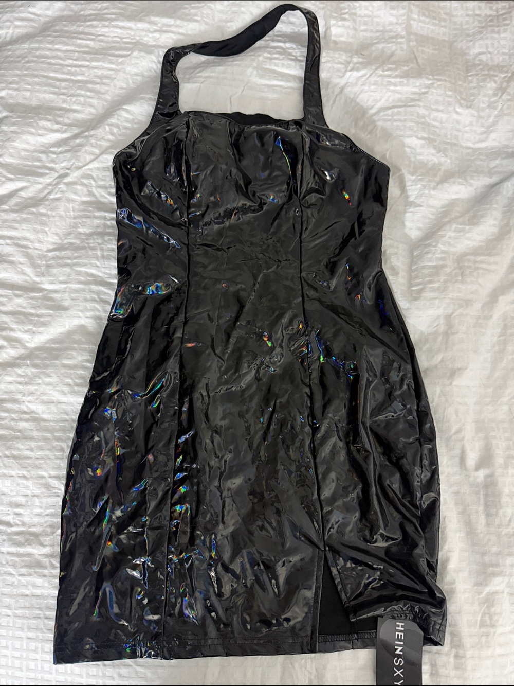 SHEIN Black Patent Halter Mini Dress